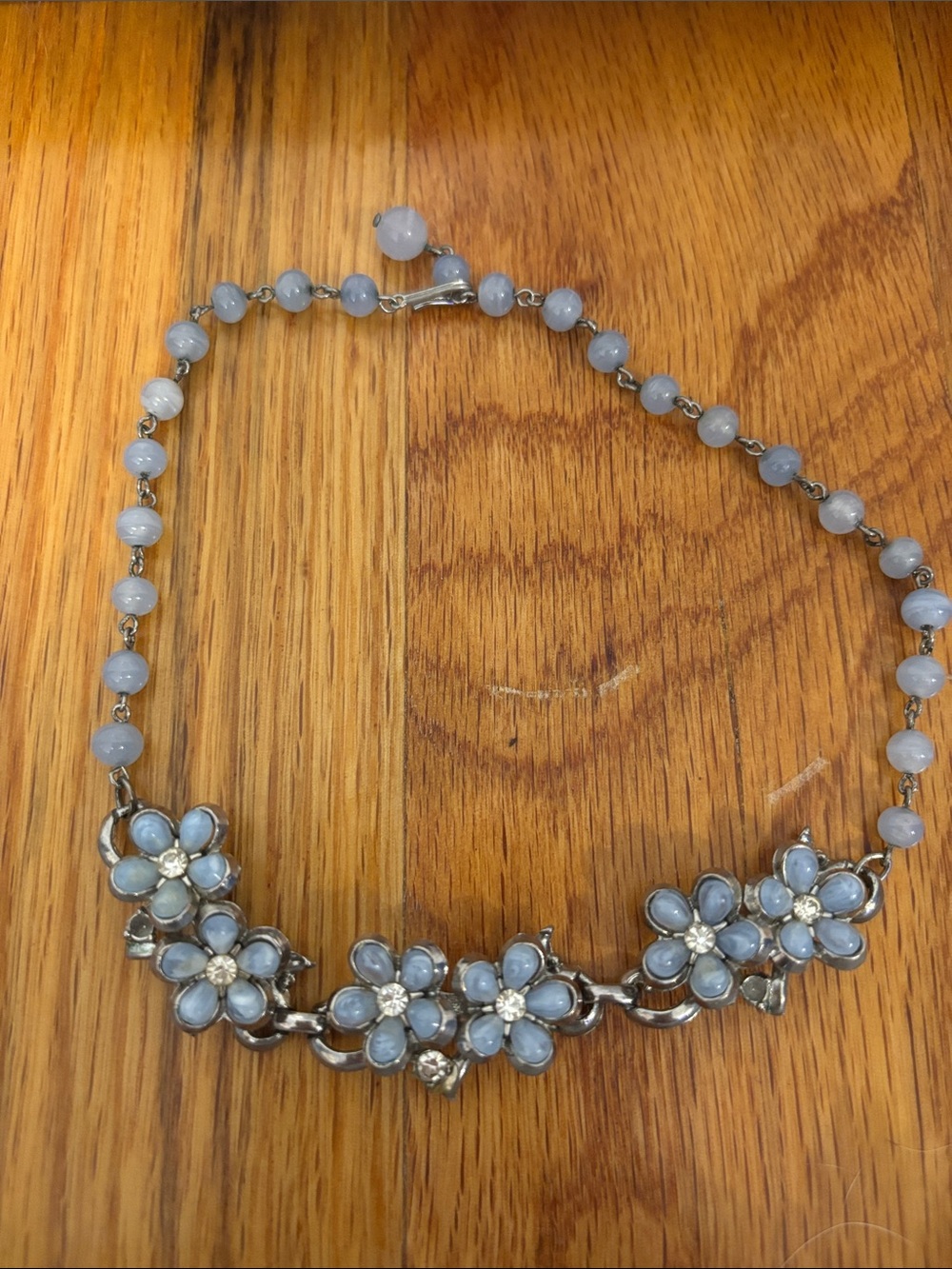 Vintage Blue Beaded Necklace with Floral Design